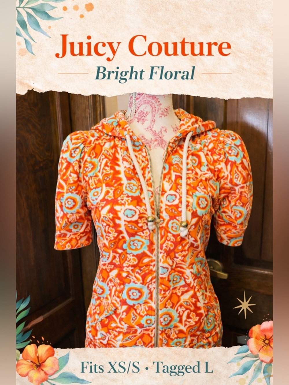 Juicy Couture Orange Floral Zip-Up Hoodie Puff Sleeve Short Sleeve Sz L (fits S)